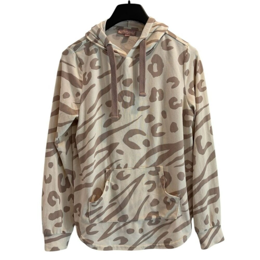 Beige Animal Print Brushed Hoodie‎ – Cozy Pullover Sweatshirt Women’s M